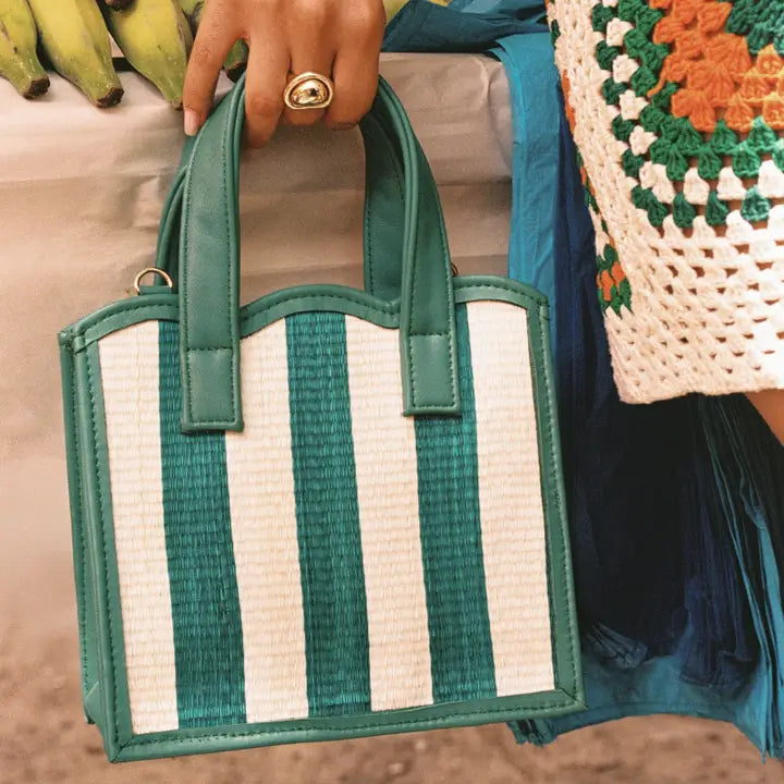Nina green straw & leather tote
