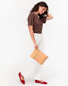 woven checker clutch - bisque