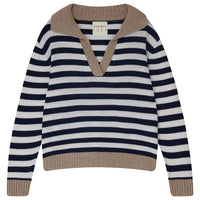 cashmere stripe v-neck - navy & cream