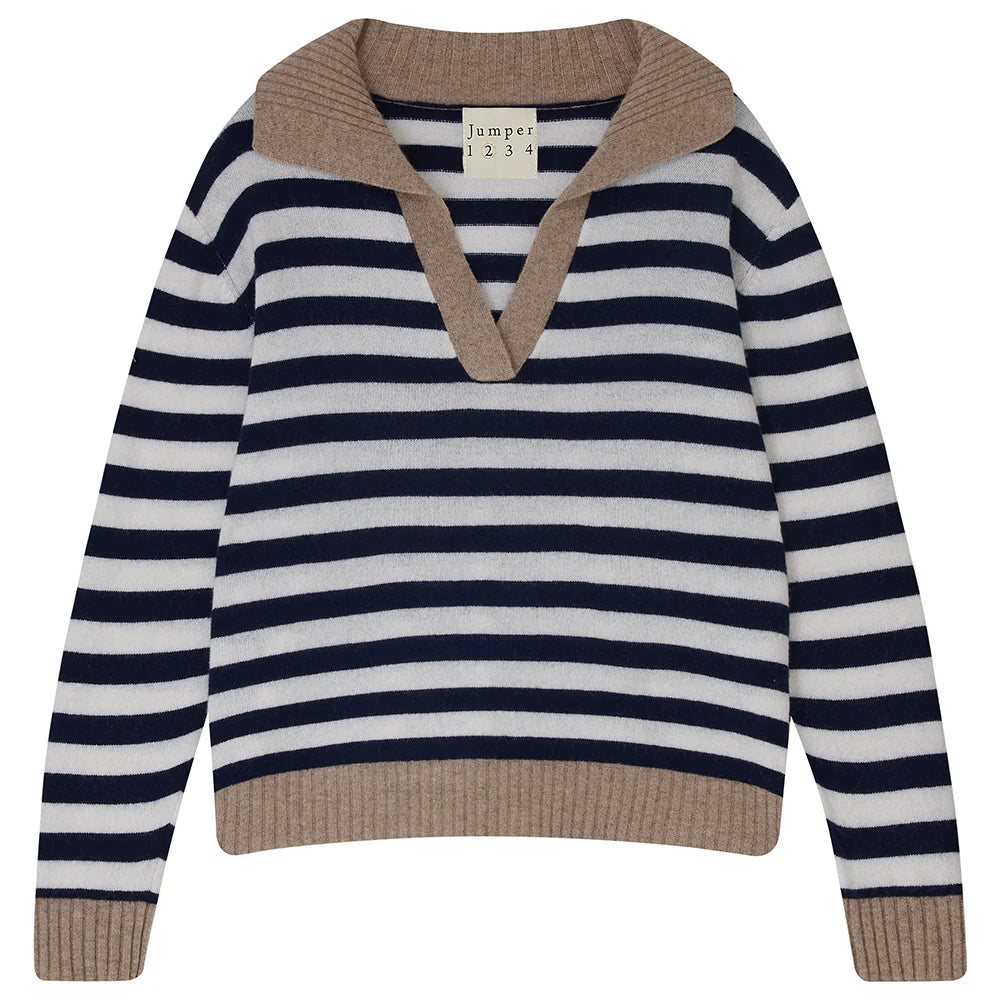 cashmere stripe v-neck - navy & cream