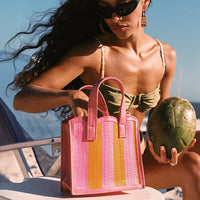 Nina pink straw & leather tote