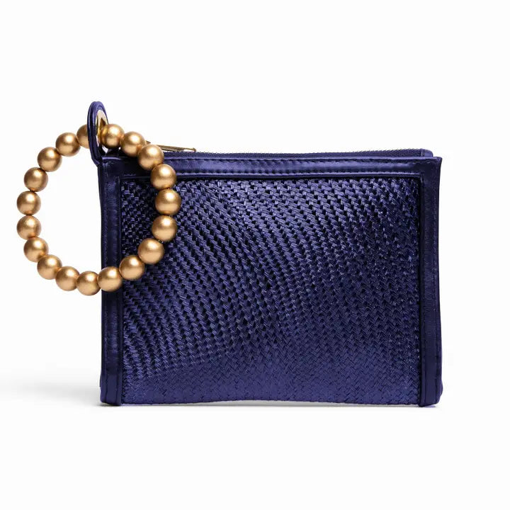 Navy woven luxe gold handle wristlet