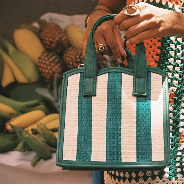 Nina green straw & leather tote